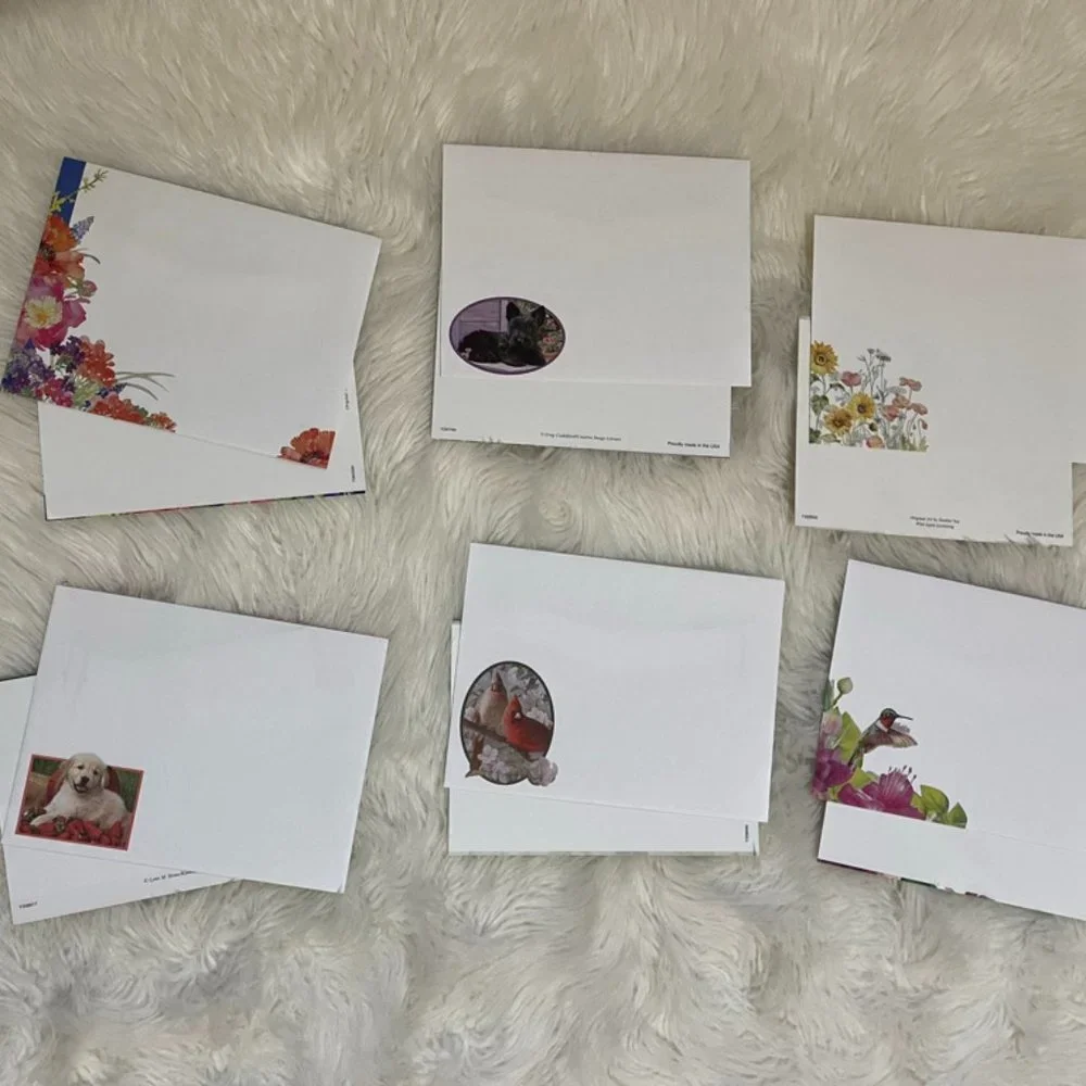 6 Assorted Greeting Cards Animals & Flowers matching print envelopes
